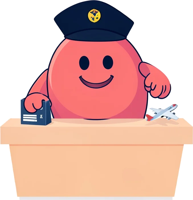 Friendly robot agent in a pilot cap at a check-in desk