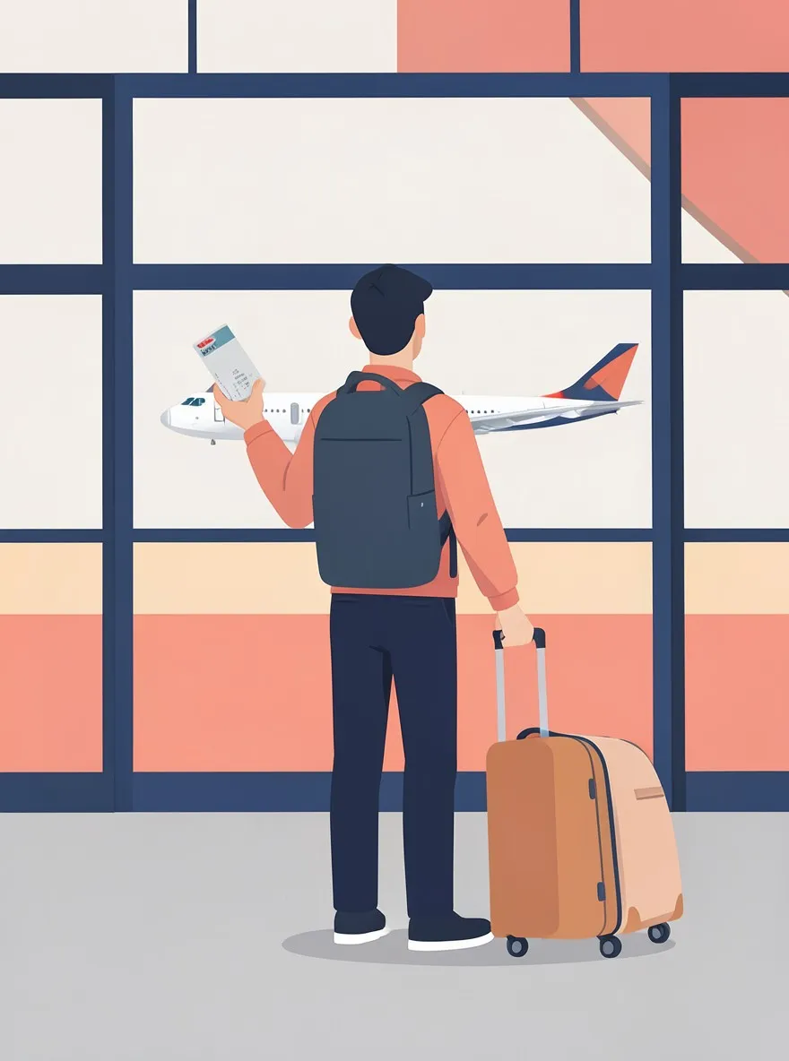 Traveller with a suitcase watching an aircraft from the departure gate